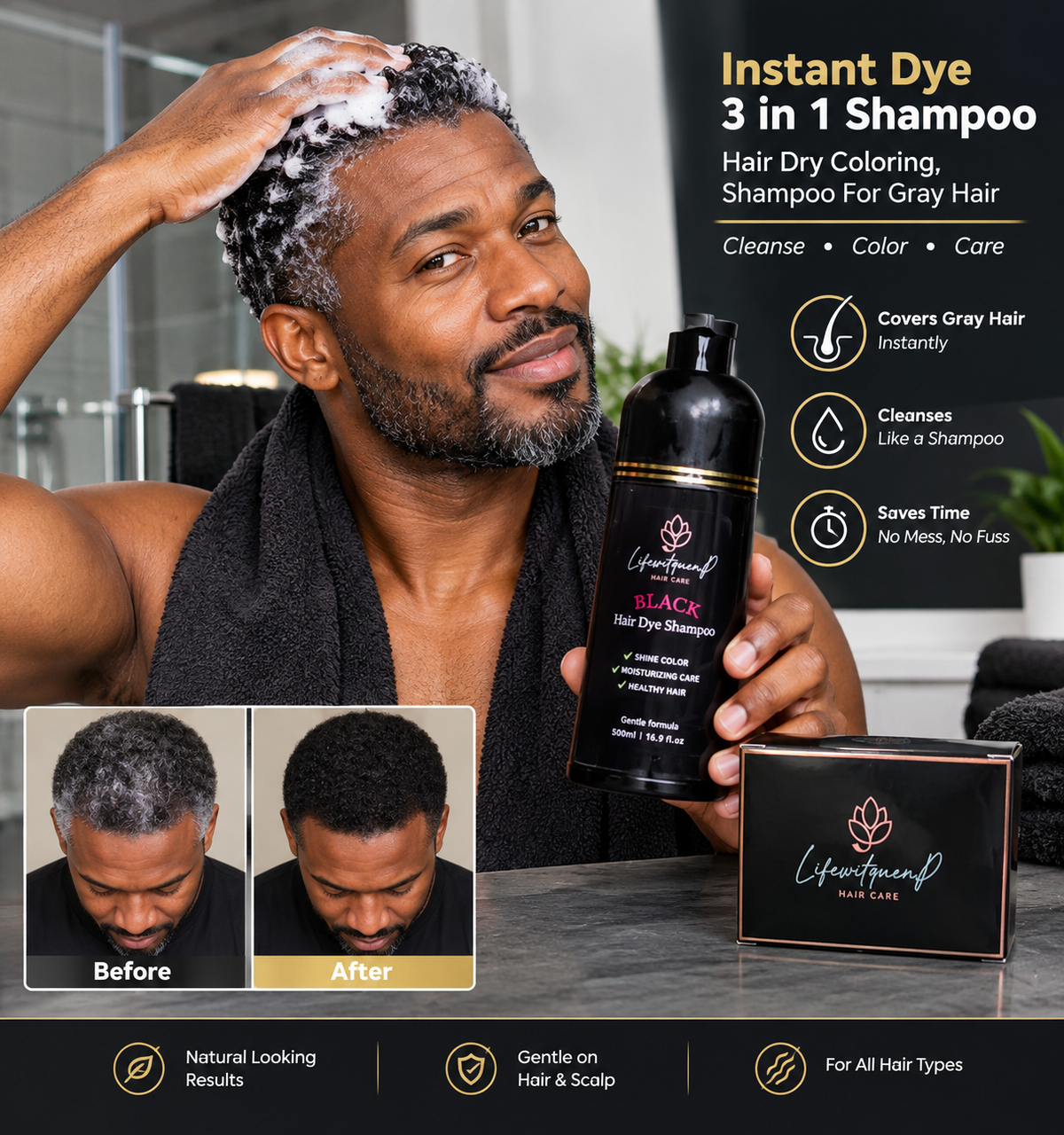 500ML Lifewitqueenp  Hair Instant Dye 3 in 1 Shampoo Hair Dry Coloring, Shampoo For Gray Hair women and Man.